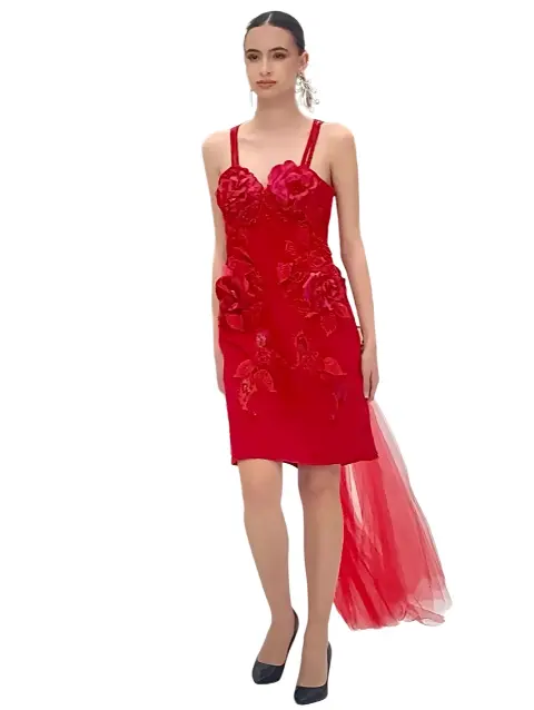 "Caprice of Roses" - Haute Couture Red Dress with Tulle Train