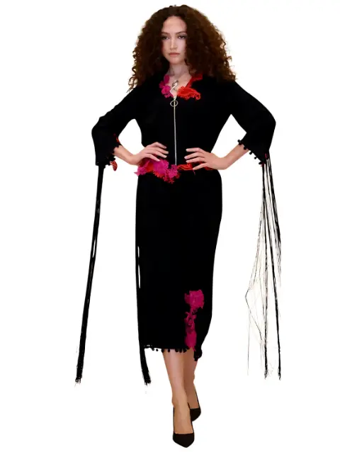 "Nocturne in Bloom" - Haute Couture Set in Black with Fuchsia and Red Floral Appliqués