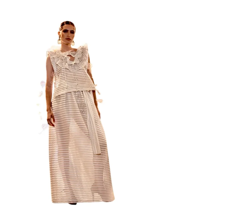 "Line Breeze" Off-White Two-Piece Dress