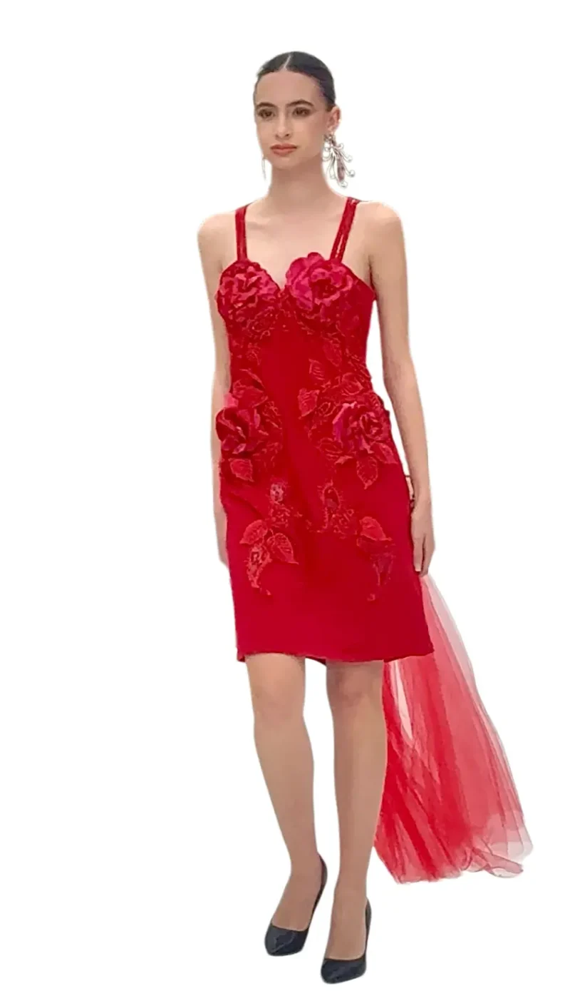 "Caprice of Roses" - Haute Couture Red Dress with Tulle Train - Image 2