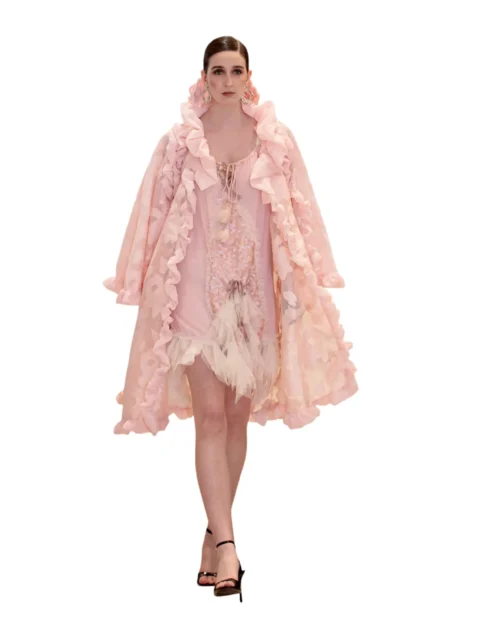 "French Rose" - Haute Couture Set with Ruffle Cape and Lingerie-Style Dress