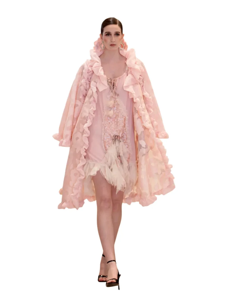 "French Rose" - Haute Couture Set with Ruffle Cape and Lingerie-Style Dress
