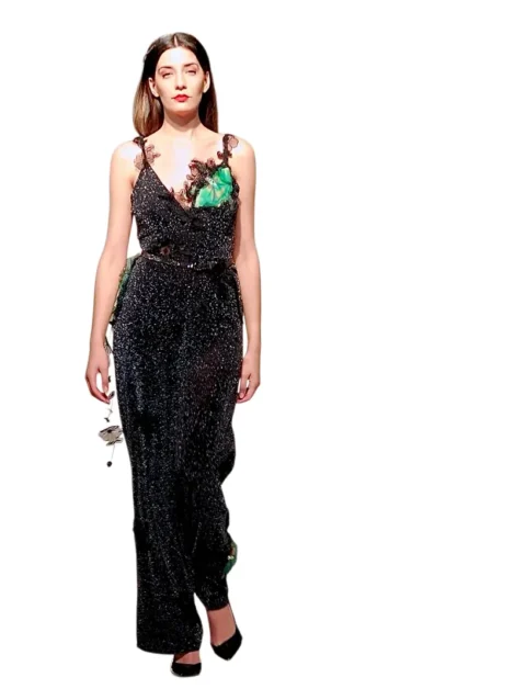 "The Night Moth" - Haute Couture Long Jumpsuit with Floral Appliqués and Green Details