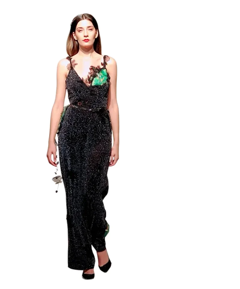 "The Night Moth" - Haute Couture Long Jumpsuit with Floral Appliqués and Green Details
