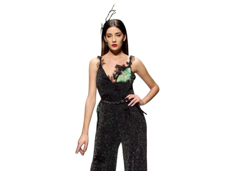 "The Night Moth" - Haute Couture Long Jumpsuit with Floral Appliqués and Green Details - Image 2