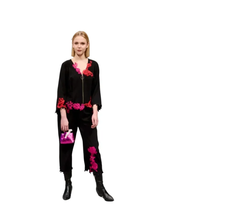 "Nocturne in Bloom" - Haute Couture Set in Black with Fuchsia and Red Floral Appliqués - Image 4