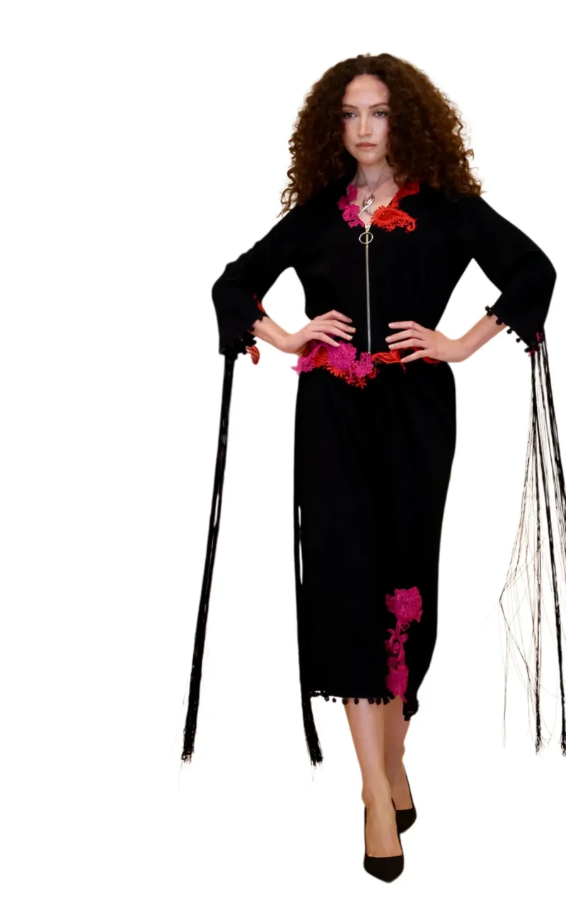 "Nocturne in Bloom" - Haute Couture Set in Black with Fuchsia and Red Floral Appliqués - Image 3