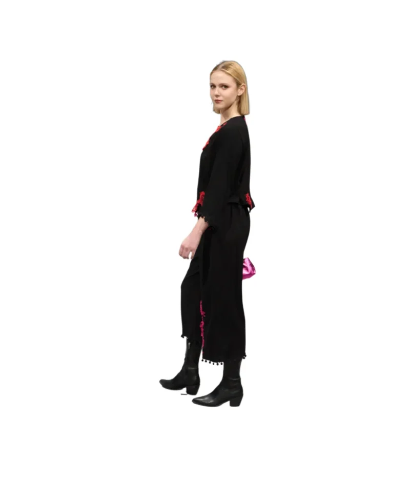 "Nocturne in Bloom" - Haute Couture Set in Black with Fuchsia and Red Floral Appliqués - Image 2